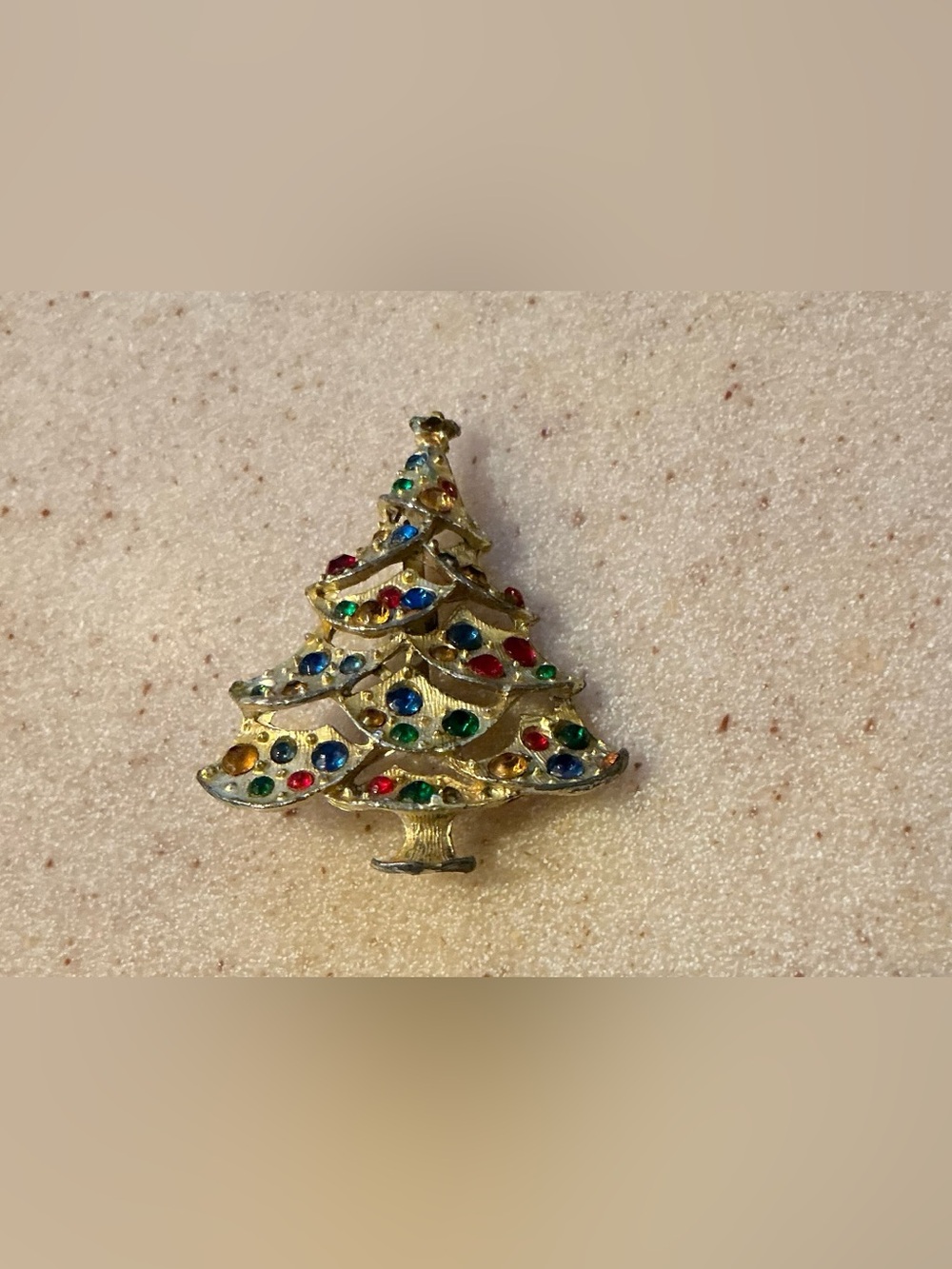Gold-tone Christmas Tree Brooch with Multicolored Rhinestones